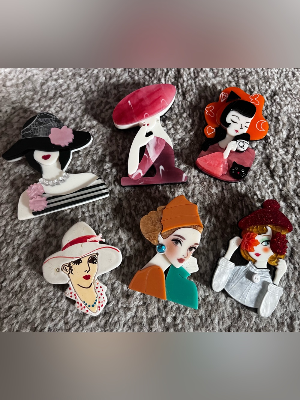 Eclectic Retro Femme Brooch Lot - Colorful Resin Faces
